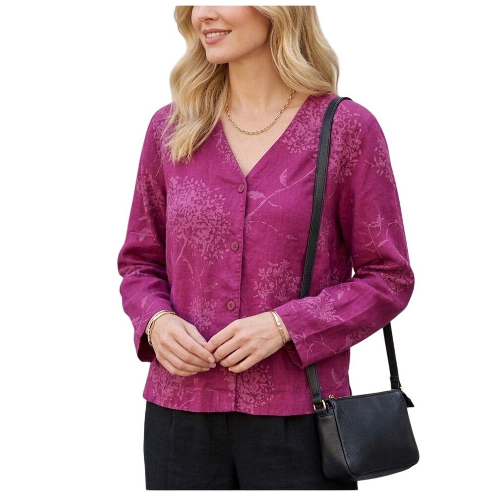 Sigrid Olsen Sport Floral Linen Blend Top Womens XL Berry Pink Hydrangea Tonal
